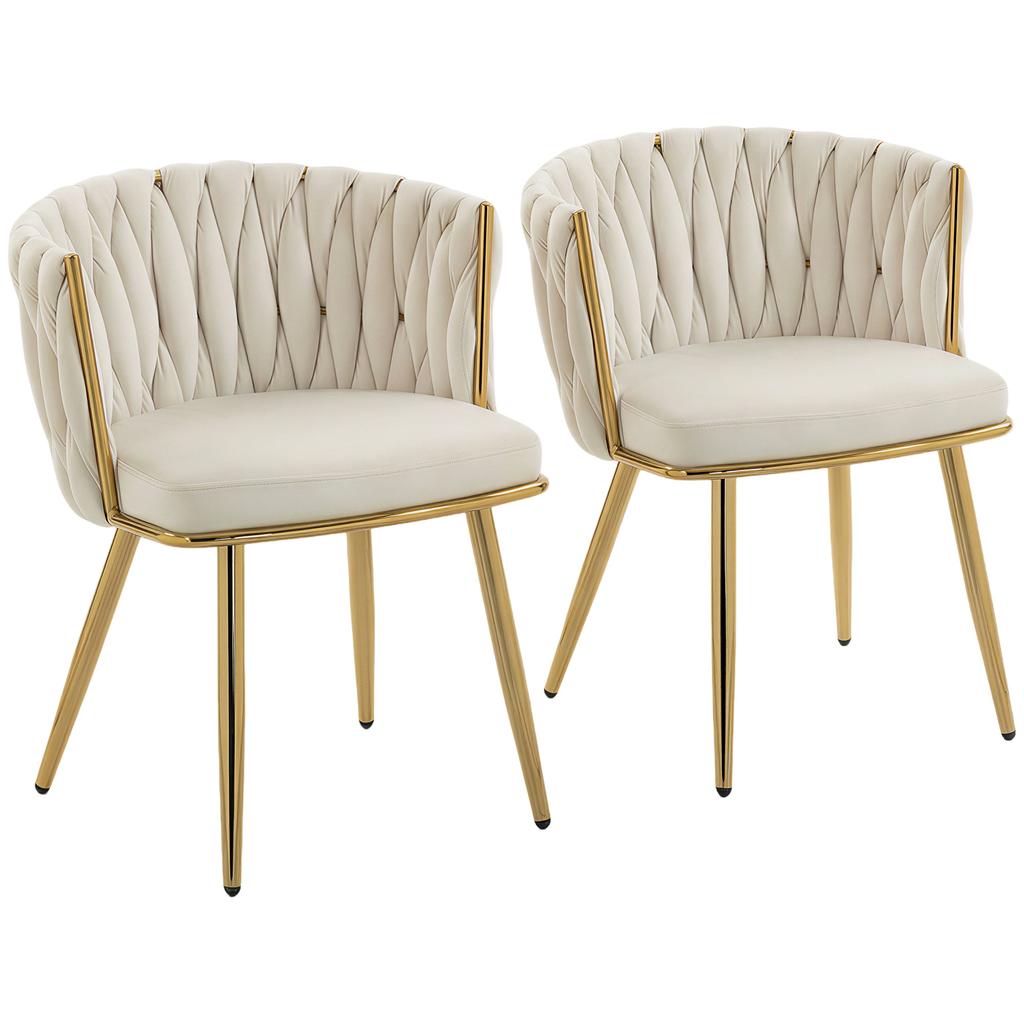 Dining Chairs, Set of 2, Velvet Upholstered, Braided Backrest, Armrests, Cream