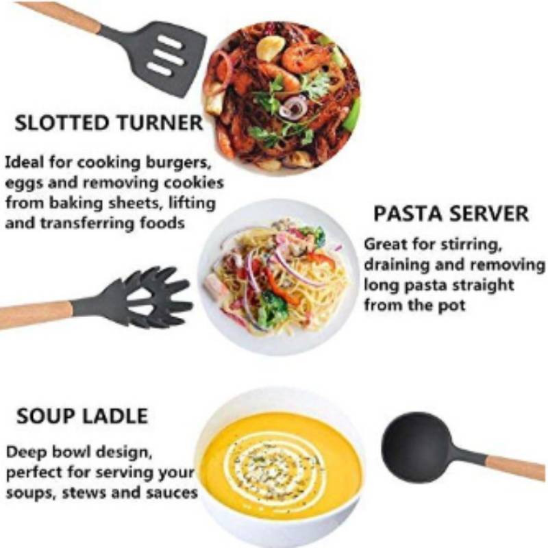 Silicone Kitchen Utensil Set With Wooden Handles For Nonstick Cooking And Heat Resistance