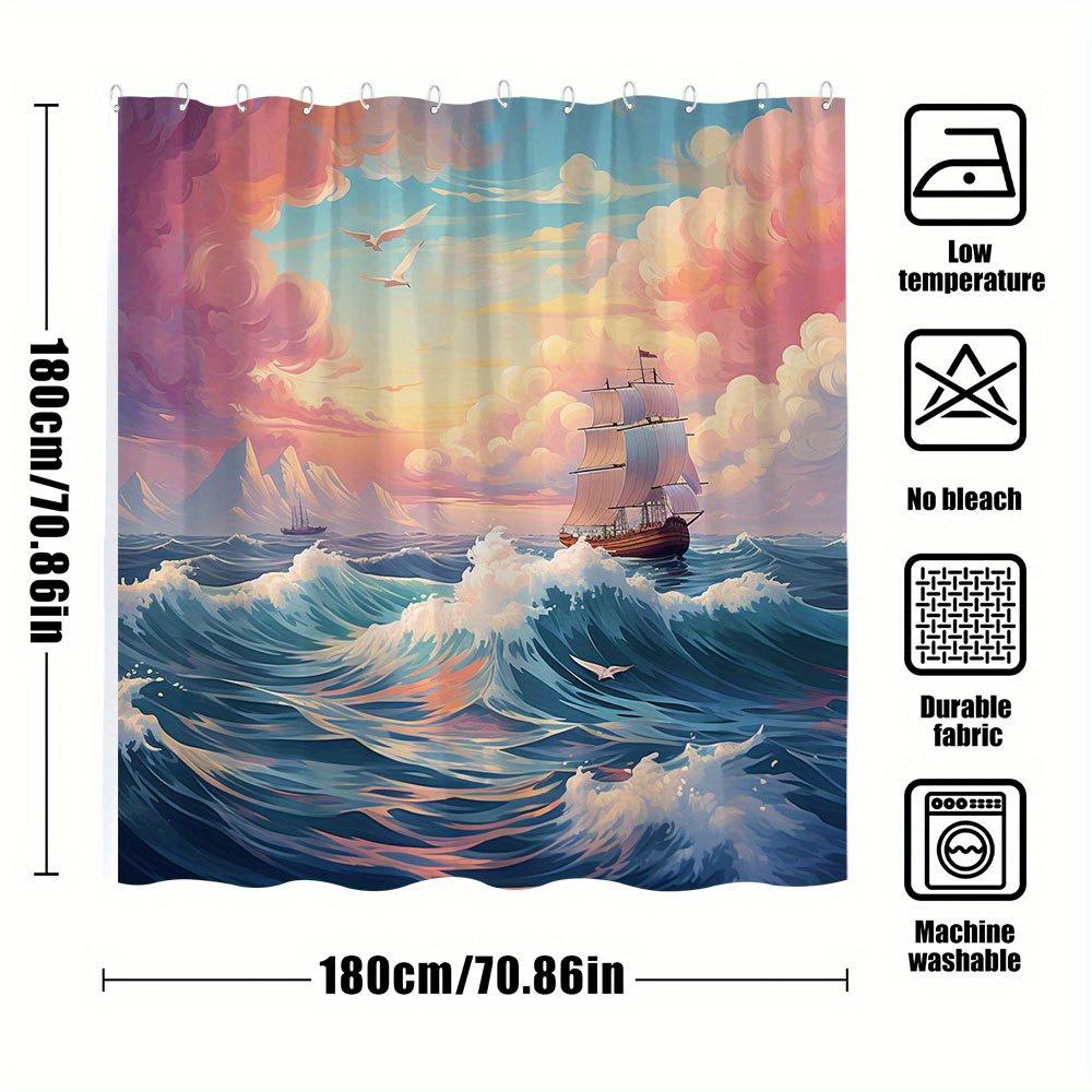 1Pc Extra Large Bath Curtain - Majestic Three-Masted Sailing Ship Sunset Ocean Seascape Design, Vibrant Pink Orange Blue Nautica