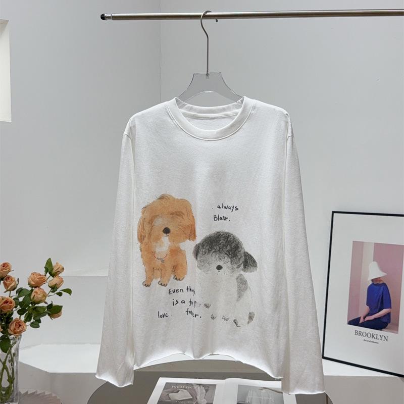 ID25 Early Autumn Puppy Print Rolled Edge Long Sleeve Loose Pullover