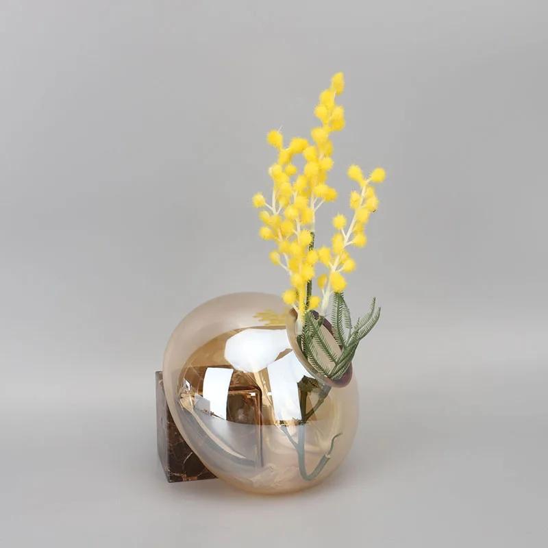 Transparent Brown Glass Vase Creative Marble Base Flowers Pots Desk Decoration Flower Arrangement Floral Vases Modern Home Decor