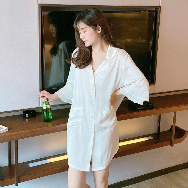 Sleepwear for Women Summer Ice Silk Sexy Thin Style Spring and Autumn Shirt Collar, Medium Length Pajamas