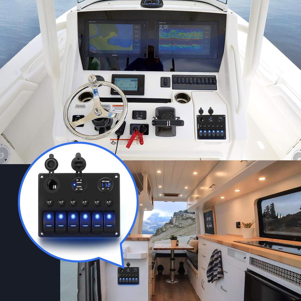 6 Gang ON Off Rocker Switch Panel 12V Voltmeter Dual USB Charger 3.0 Cigar Lighter For RV Truck Boat