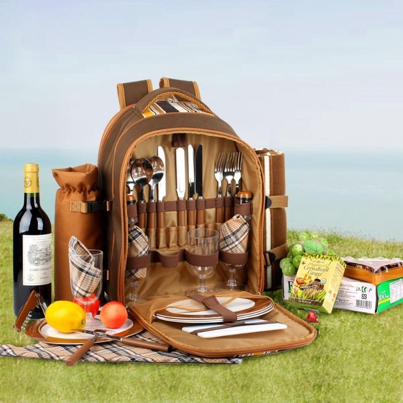 Picnic Tableware Bag Picnic Backpack for 4 Person Portable Thermal Insulation with Cooler Compartment Wine Bag Picnic Blanket