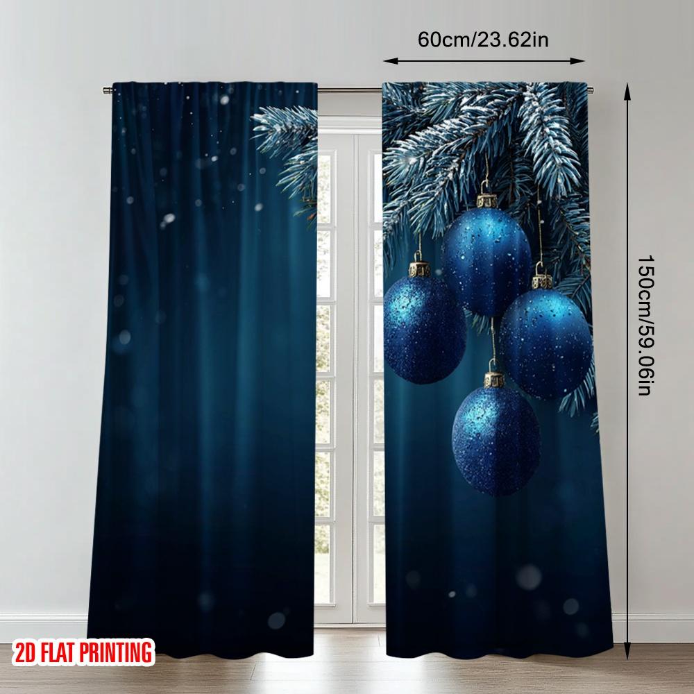 2pcs 2D flat printing Merry Christmas Party Curtains Christmas Ornament Blue Bauble Digital Printed Polyester Drapes Party