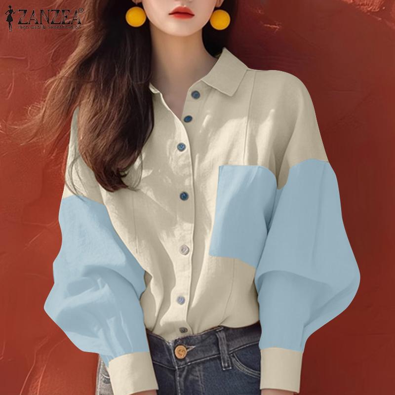 ZANZEA Bluză cu mâneci lungi, cu guler răsturnat pentru femei