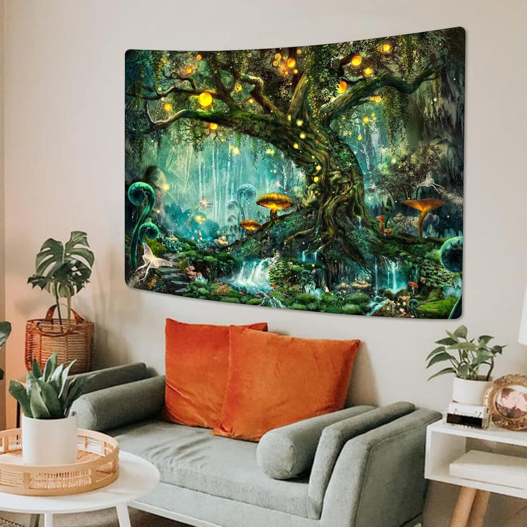 YEXIT Fairy Tales Magical Forest Tapestry, Nature Tree of Life with Elves Landscape Tapestry Wall Hanging for Living Room BedRoom Decoration Green
