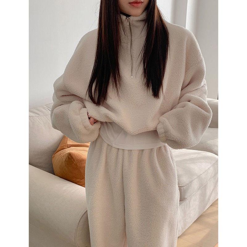 Autumn Winter Set Women's New Korean Version of Ins Warm Stand Collar Jumper Hoodie + Loose Bunches of Pants Two-piece Set