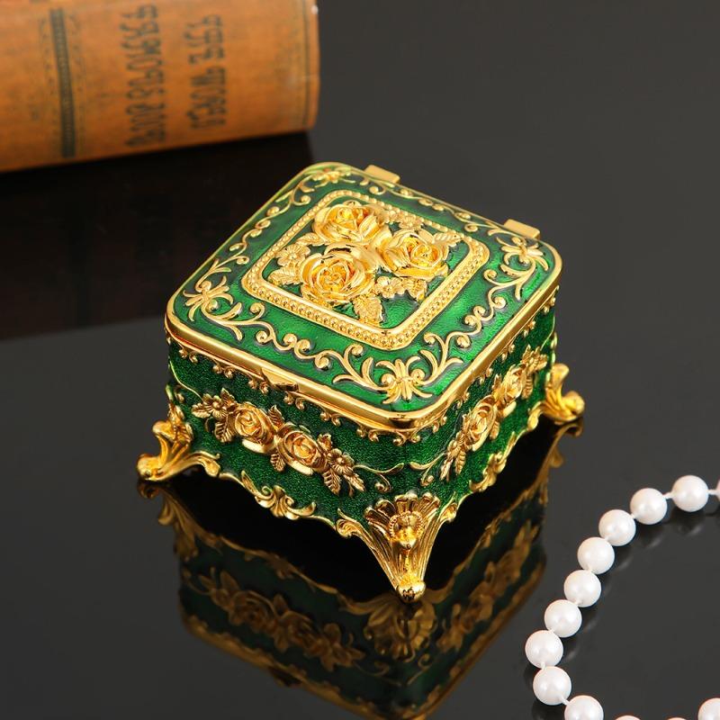 

European Retro Metal Jewelry Box Home Desktop Decor Jewelry Storage Box Ornate Trinket Organizer for Rings Earrings Necklace зелёный