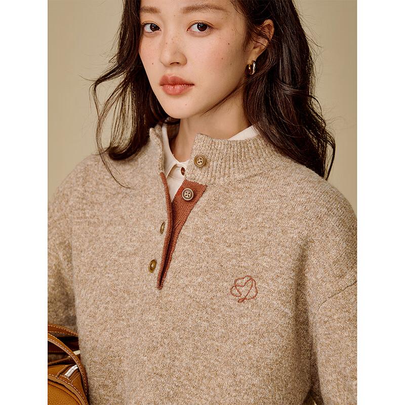 INMAN Women's Retro Colorblock Half-Placket Stand-Collar Sweater