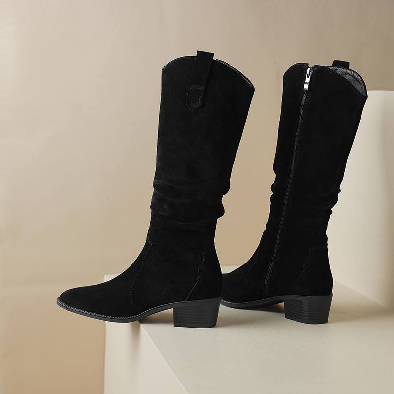 Krazing Pot Cow Suede Winter Round Toe Thick Med Heels Modern Boots Women Zipper Pleated Decoration Thigh High Boots