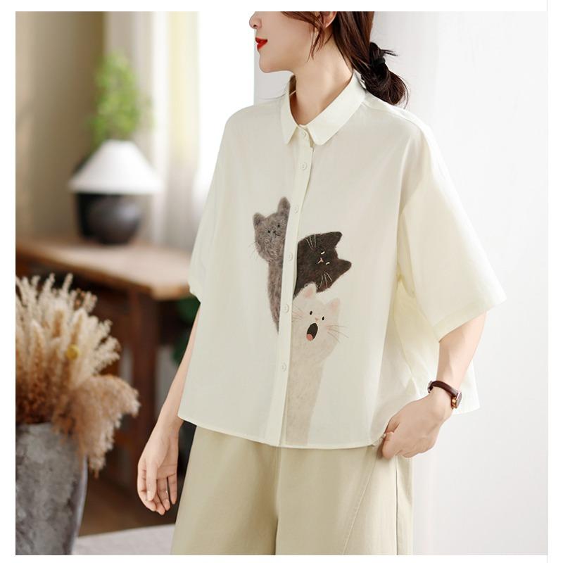 DIMANAF 2026 Women Plus Size New Summer Blouse Shirt Short Sleeve Cotton Print Casual Loose Lady Tops Shirts