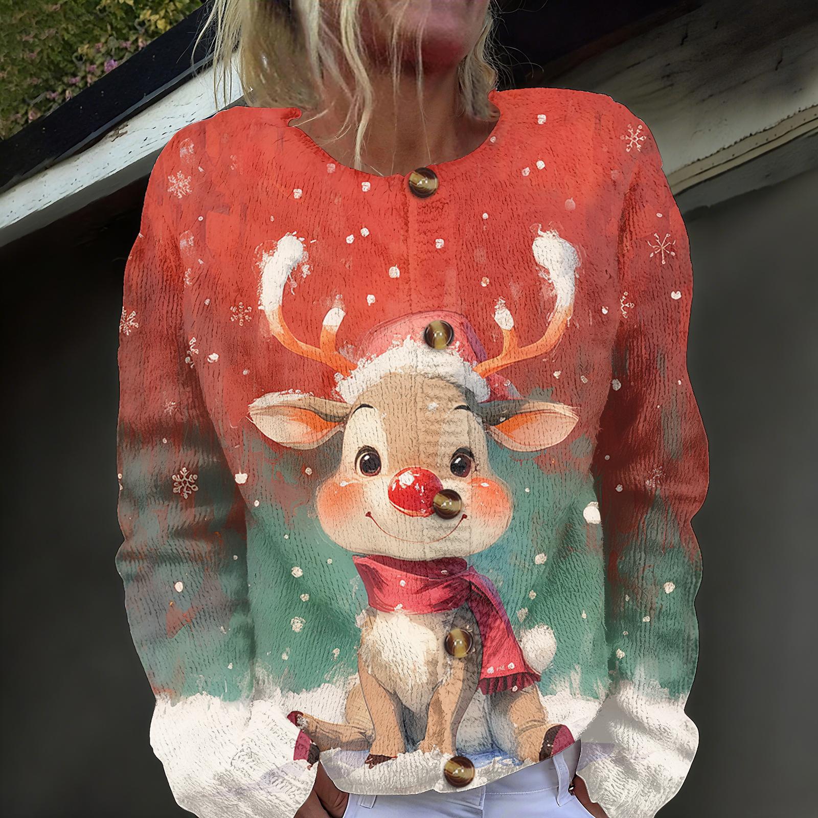 

Женская мода рождественский принт длинный рукав вязаный кардиган пуховик XL винный