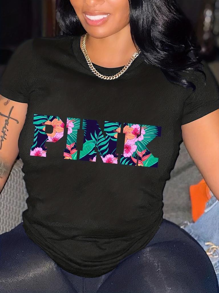 Plus Size Casual T-shirt, Women's Plus Tropical Letter Print Short Sleeve Round Neck Medium Stretch T-shirt