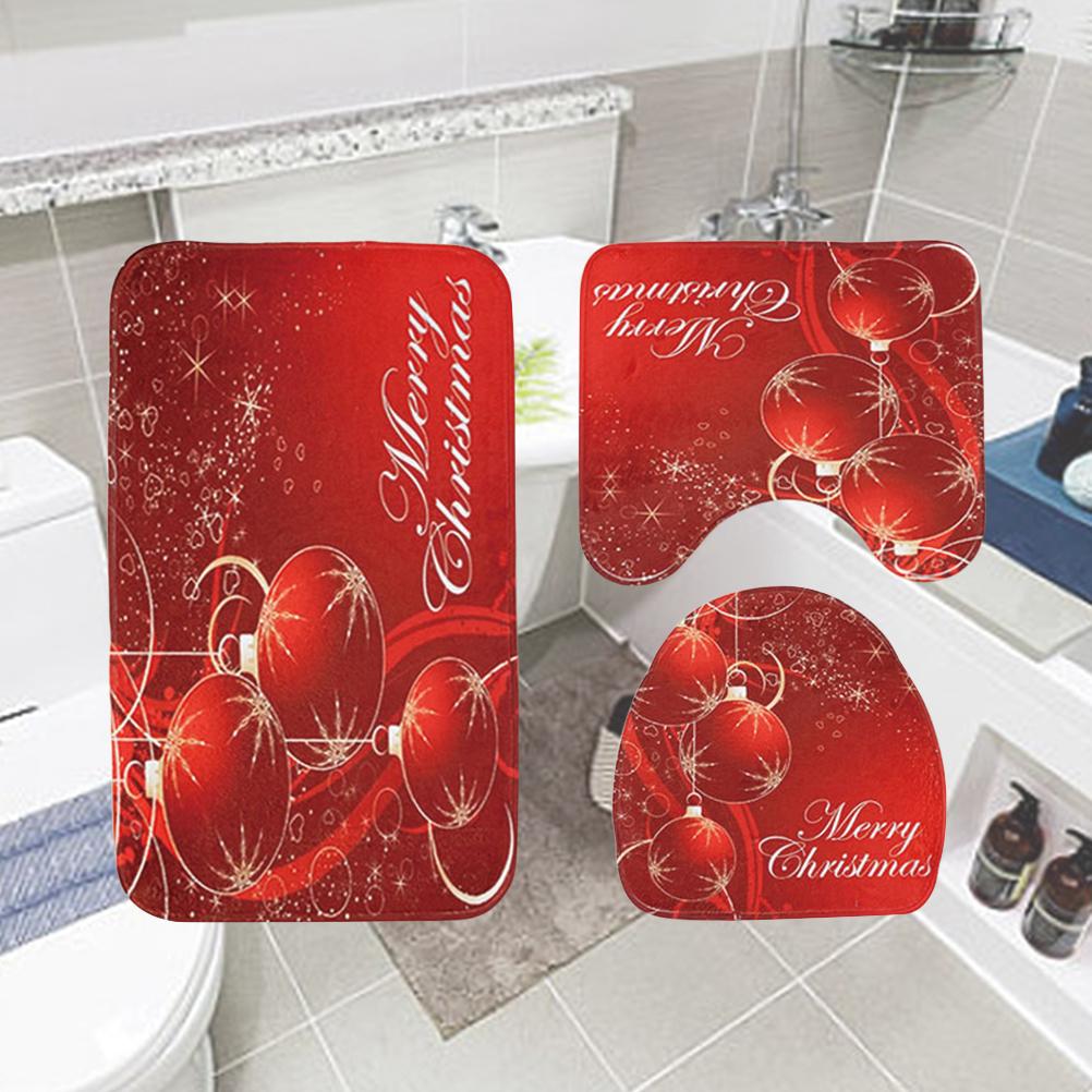 3 In 1 Christmas Ball Pattern Bathroom Mat Set Antiskid Washroom Carpet Mat Toilet Seat Lid Cover (Red)