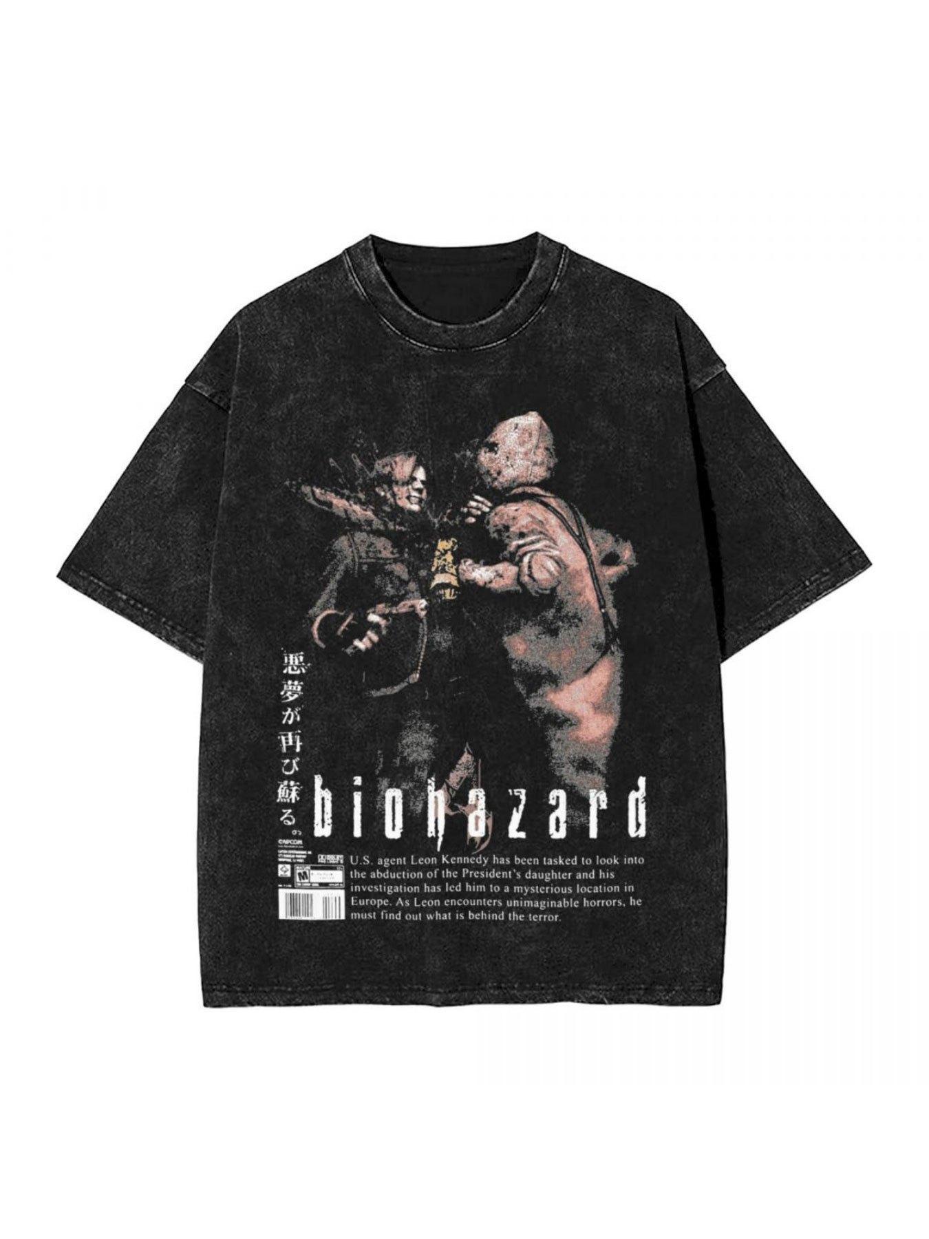 Unisexs washed streetwear brand street style Tshirt with Resident Evil movie poster print and text for casual wear streetwear M