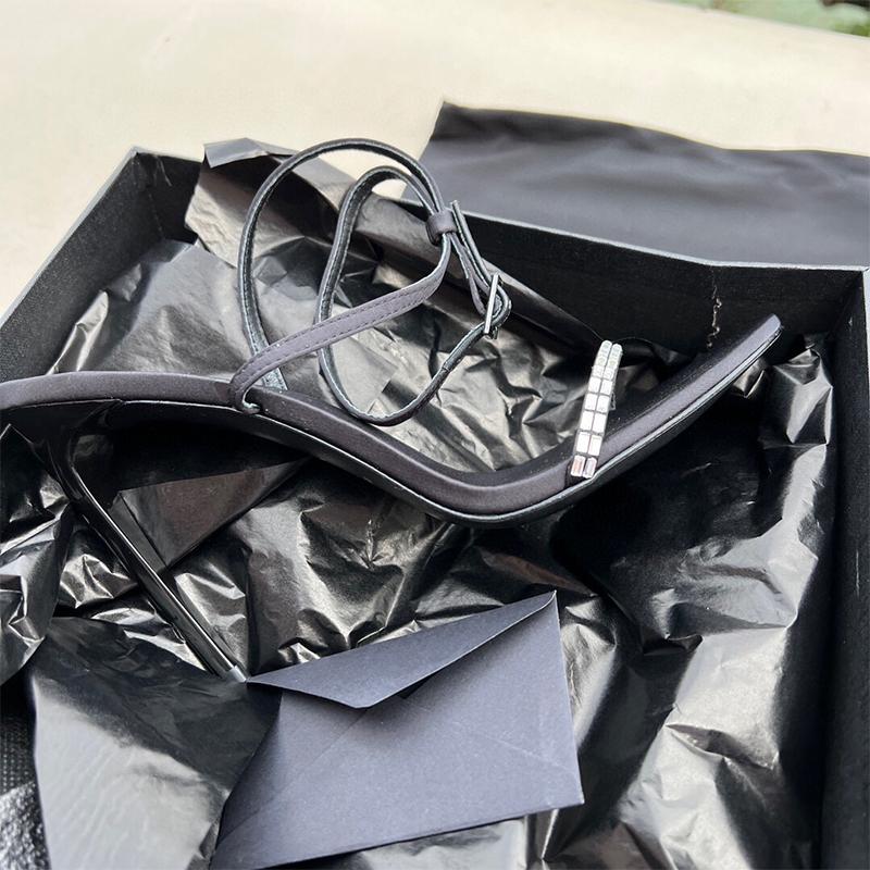 Black Pointed-toe Stiletto Heels Women's Spring Summer 2024 New Sexy Celebrity Trend One Line with Rhinestone Open Toe Sandals