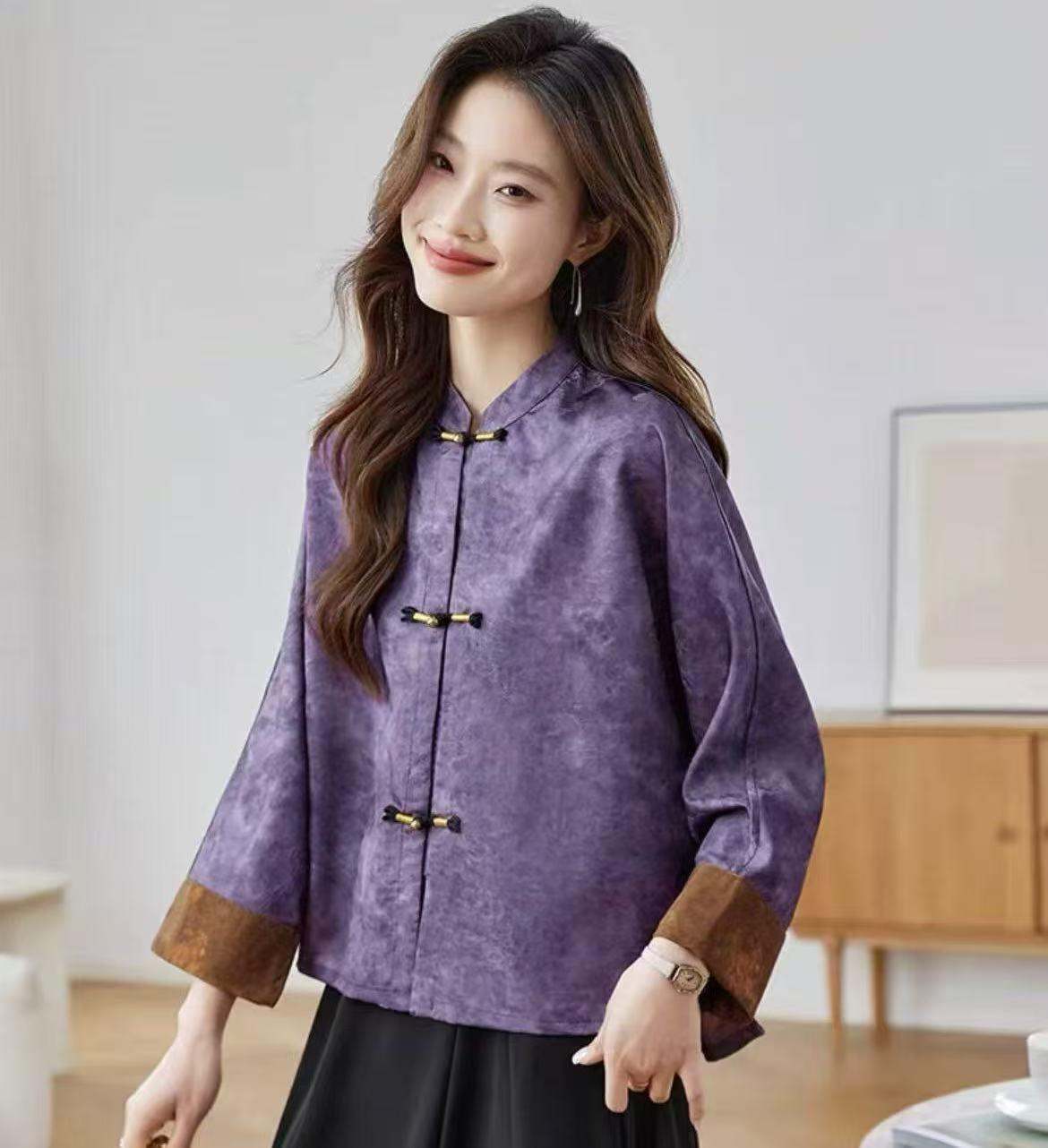 

2025 Women s Tang Suit Top: Modern Chinese Style Hanfu with Ethnic Retro Shorts and Frog Button Design 3XL фиолетовый