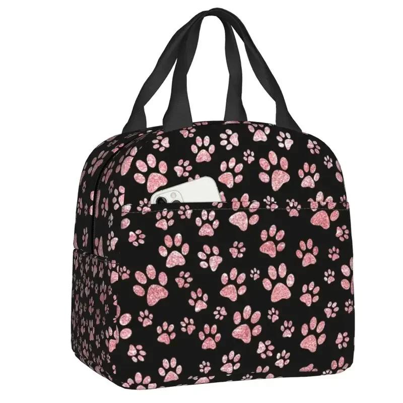 Розовая сумка для ланча с узором собачьих лап для женщин, сумка-холодильник, теплая, с изоляцией, контейнер для детей, школа, работа, пикник, сумки-тоут для еды 22x20x13cm