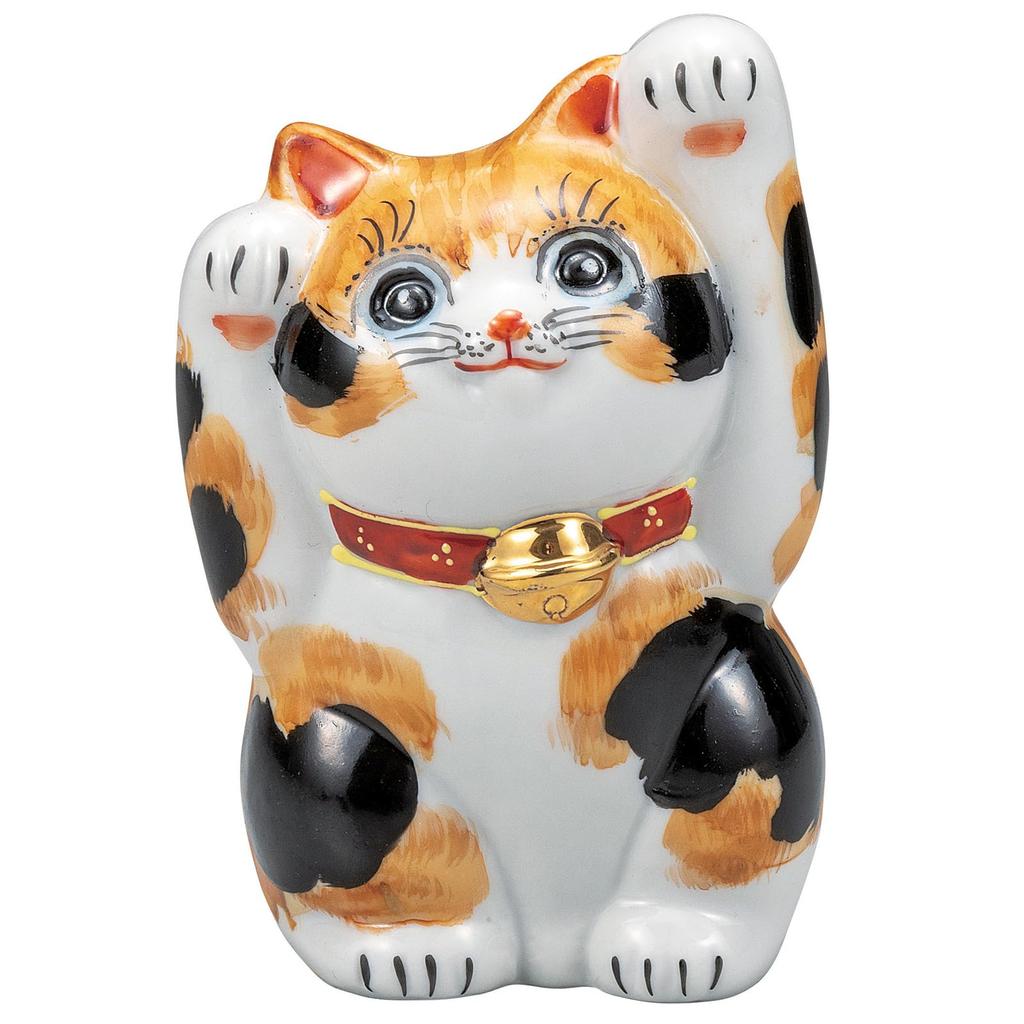 Kutani Ware Good Fortune and 12cm Size Long Maneki-neko Figurine, Wealth, Two-Handed, Tall, 4, Calico, K9-1534