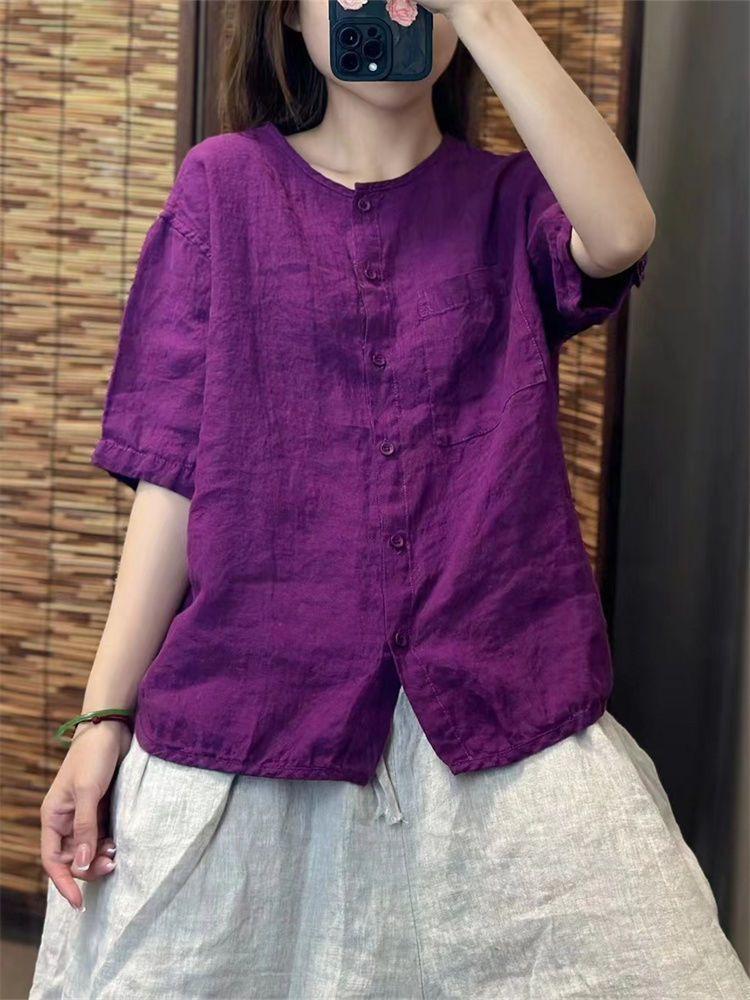 Cotton and linen short-sleeved crew neck shirt women's summer new retro literary loose versatile cardigan top