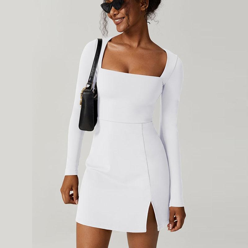 Womens Square Neck Bodice Dress Long Sleeve Side Slit Flare Mini Dresses