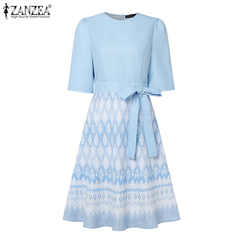 ZANZEA Robe d'été décontractée pour femme, col rond, manches courtes, imprimé patchwork