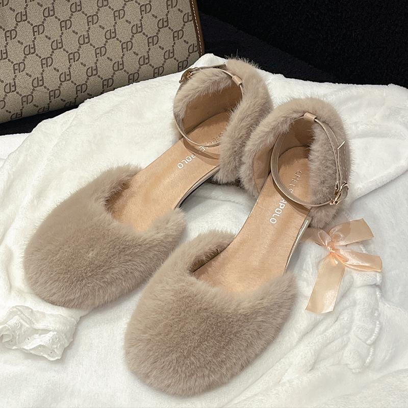 Fashion Luxury Manmade Mink Fur Sandals Woman Elegant White Furry Ankle Strap Pumps Ladies Evening Party High Heel Plush Dress Shoes