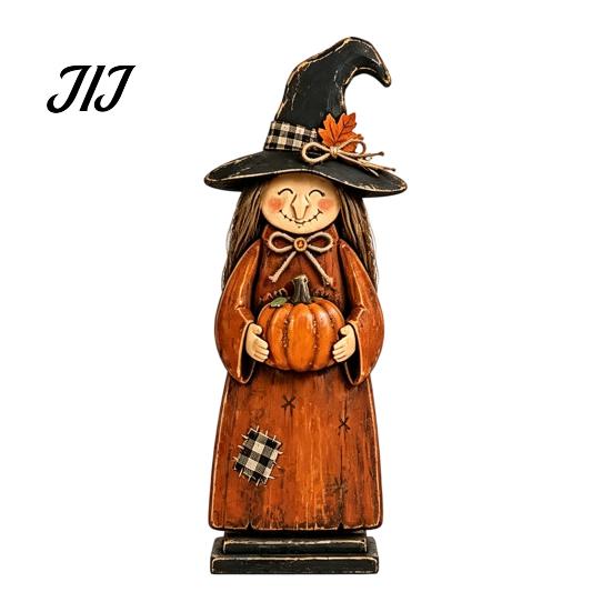 Vintage Style Witch Party Supplies Wooden Figurine, Halloween Statues with Hand Painted Figurine Sets Broom Pumpkin Black Cat, Fall Farmhouse Tabletop