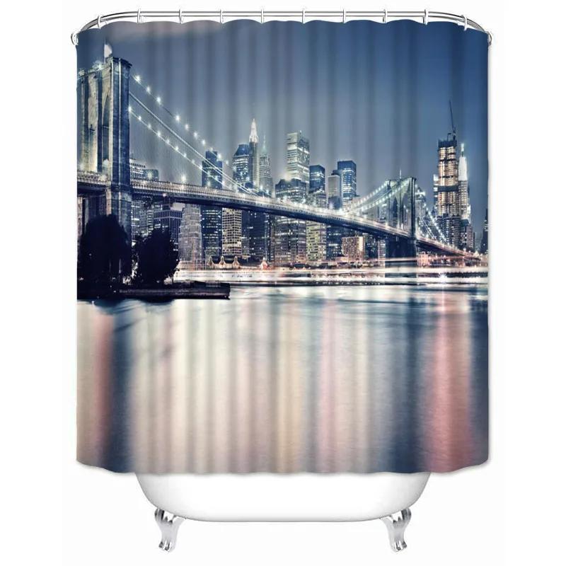 New York City Skyline Building Night View Shower Curtain Modern Bathroom Curtain Polyester Fabric Bath Curtain With Hooks