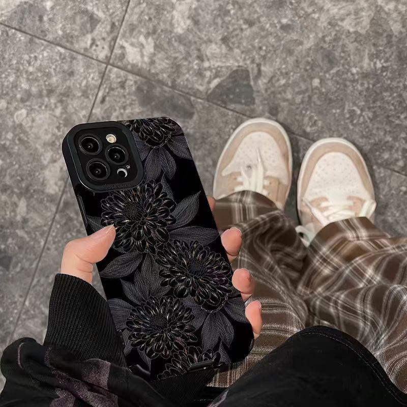 Luxury Dark Flower Silicone Leather Case For iPhone 13 14 Plus 12 11 16 15 Pro Max Mini X XS XR 7 8 SE Shockproof Full Cover