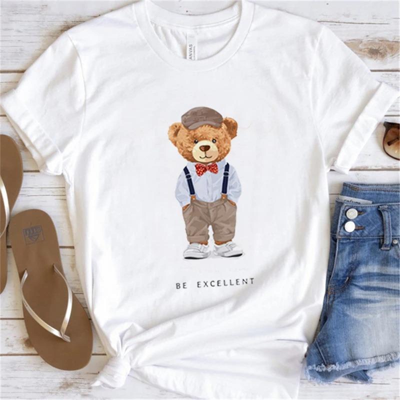 Cute Little Bear Print TShirt Summer Trend White Short Sleeve Neck Casual Sports Aesthetic Clothes Womens Graphic T Shirts