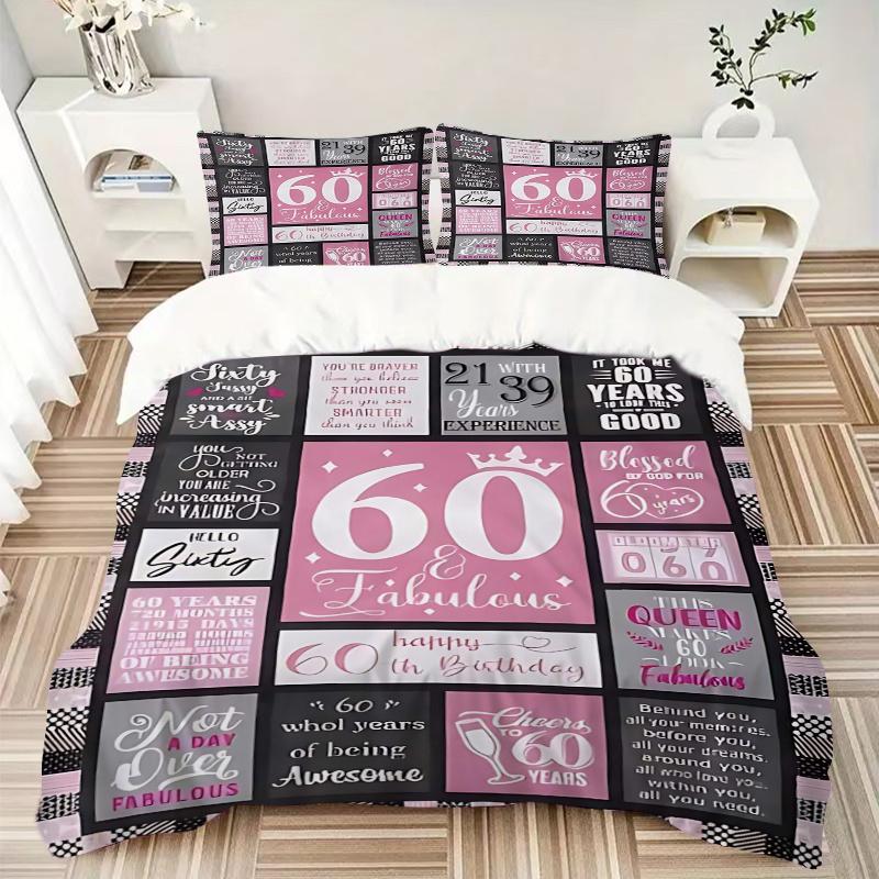 3pcs 60th Birthday Celebration Printed Bedding Set, Soft and Comfortable Quilt Cover for Bedroom, Guest Room (1 Duvet Cover + 2 Pillowcases