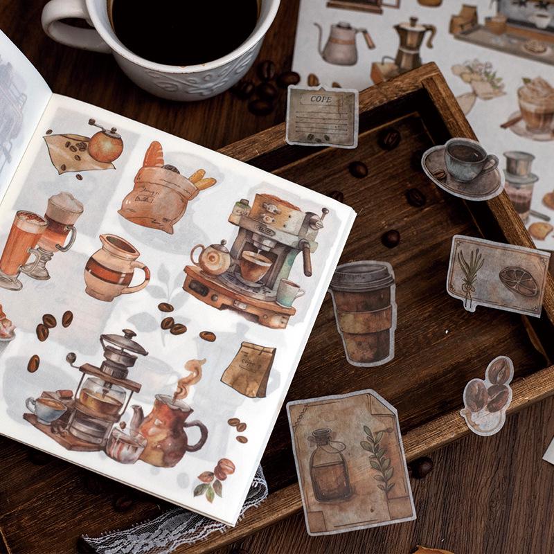 Retro Scenery Die-cut Sticker Book: Washi Paper with Houses, Forests & Coffee Themes