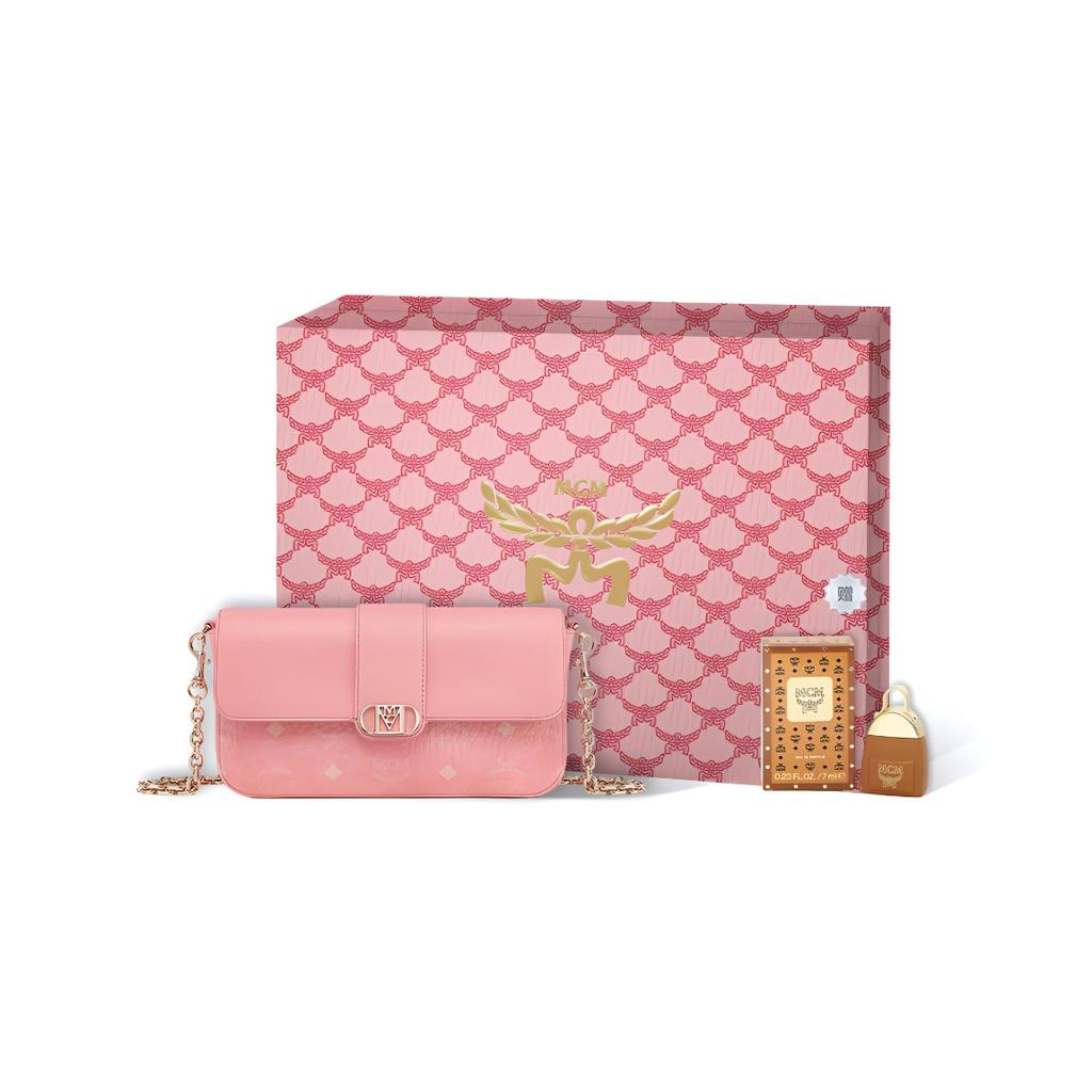 New MCM Mode Travia Coated Canvas With Calfskin Trim Handheld Crossbody Bag, Shoulder Bag Regular Women's Pink MWSCALD03QZ001