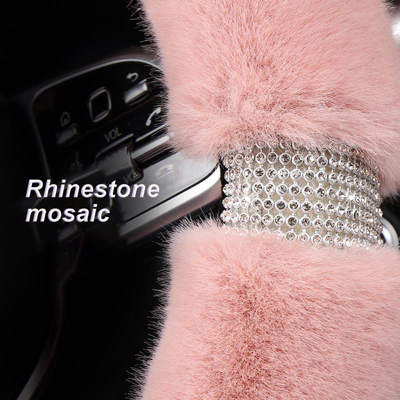 Four Seasons Universal 38cm Car Steering Wheel Cover With Bling Rhinestones Diamond Fur Furry Rhinestone Mosaic Car Accessories