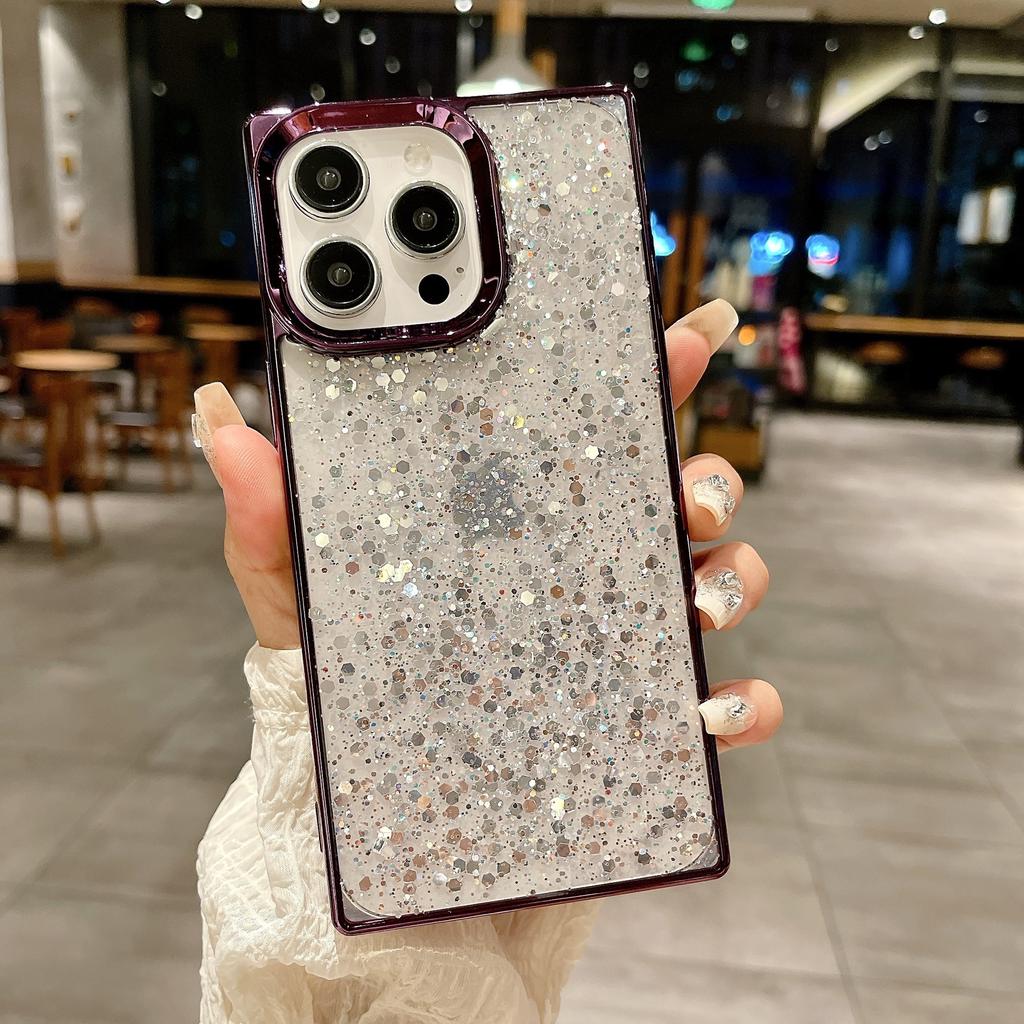 Electroplated square Epoxy sequin glitter iPhone16Promax mobile phone case for Apple 14Pro protective case