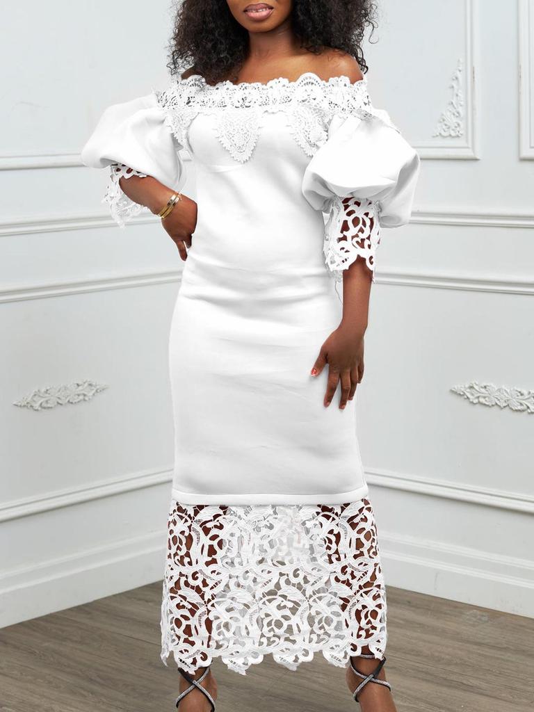 Women's One-Shoulder Lace Banquet Dress with Lantern Sleeves