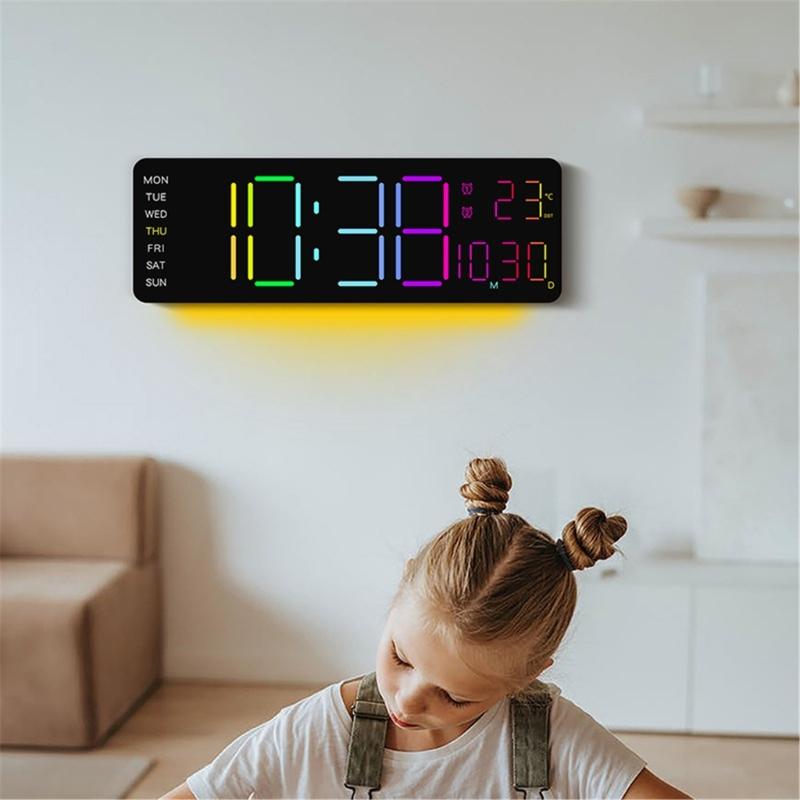62KD Modern LED Wall Clock Ambient Light Color Changing Date Temperature Display Gift