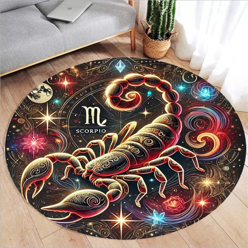 Zodiac Print Round Rugs Kids Room Floor Mats Non-Slip Living Room Rugs Washable Flannel Carpet for Home Decor Mat