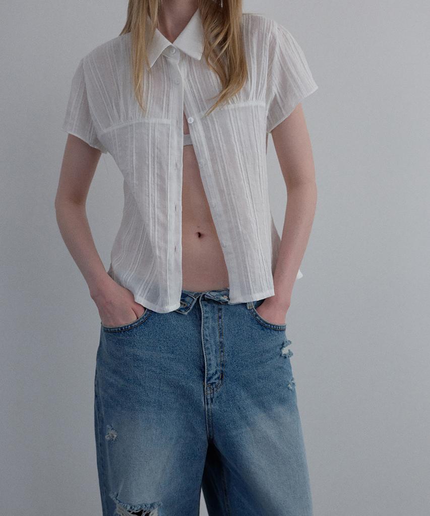 Unessin Sheer Cap Sleeve Shirt_Ivory