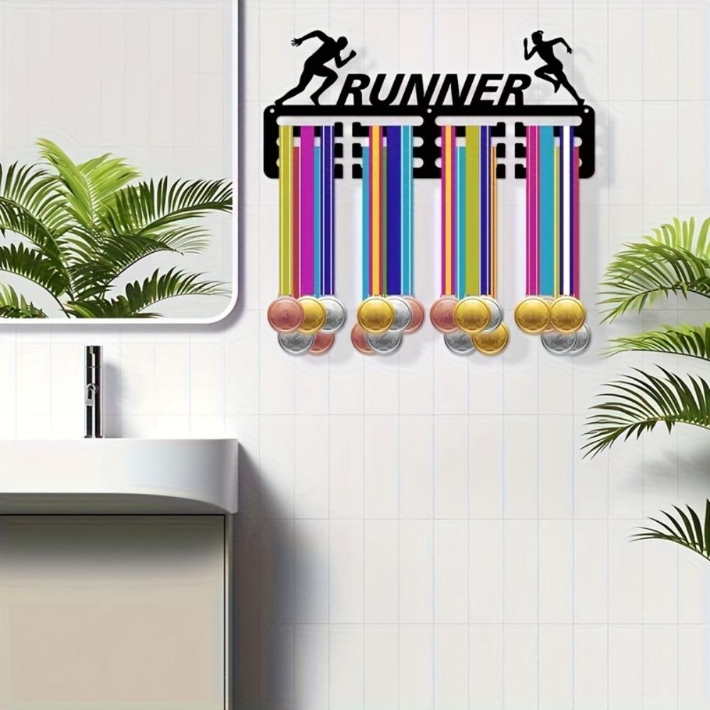 1pc Iron Running Medal Holder Wall Mount, 11.4x5.1 Inch Metal Display Rack with Hooks for Marathon Race Finishers, Modern Home Decoration