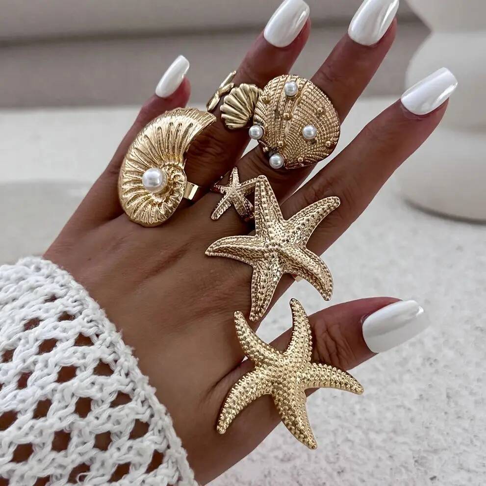 Ingemark 6Pcs/Set Boho Large Starfish Conch Scallop Open Rings for Women Summer Ocean Vintage Adjustable Rings Couple Jewelry