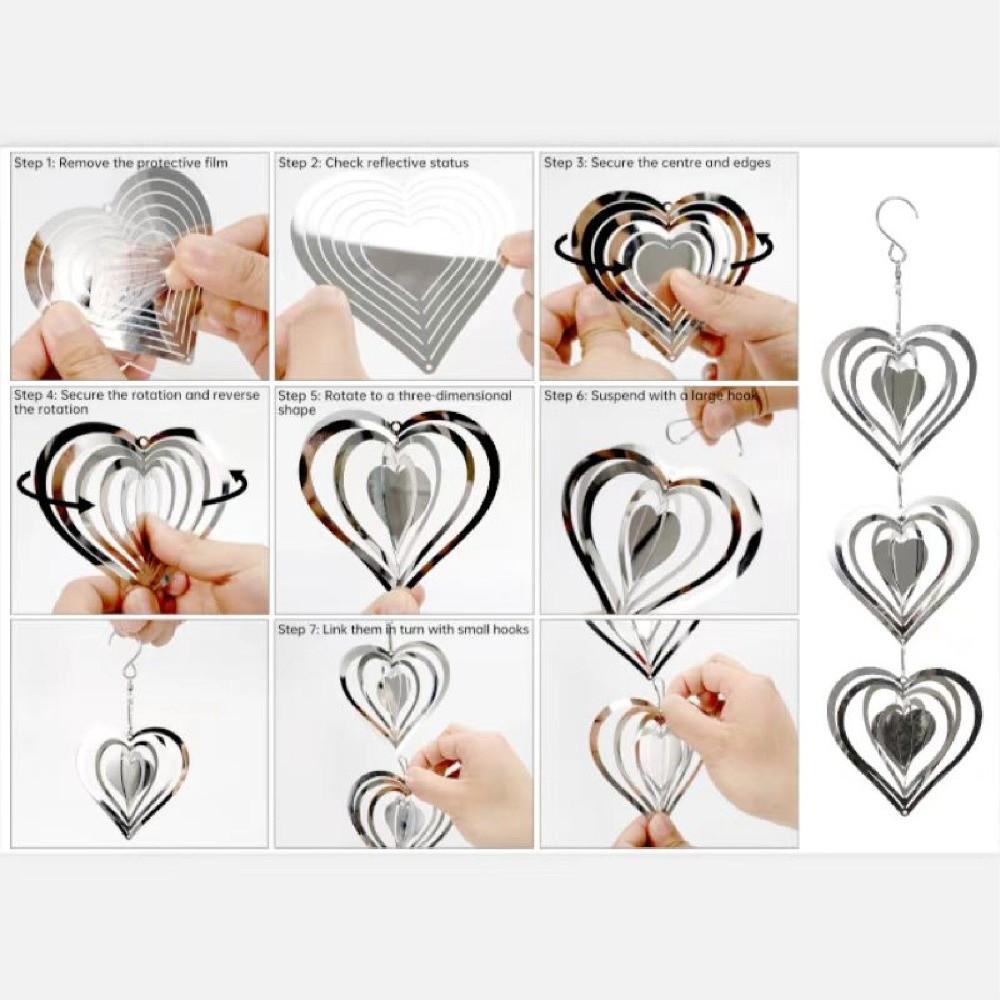 Reflective Surface Heart Wind Chime Rotatable Design Wind Spinner 3D Metal Heart Garden Hanging