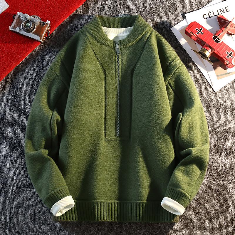 Zipper Fashion Sweater Men's Knitted Sweater Solid Color Long Sleeve Pullover Top