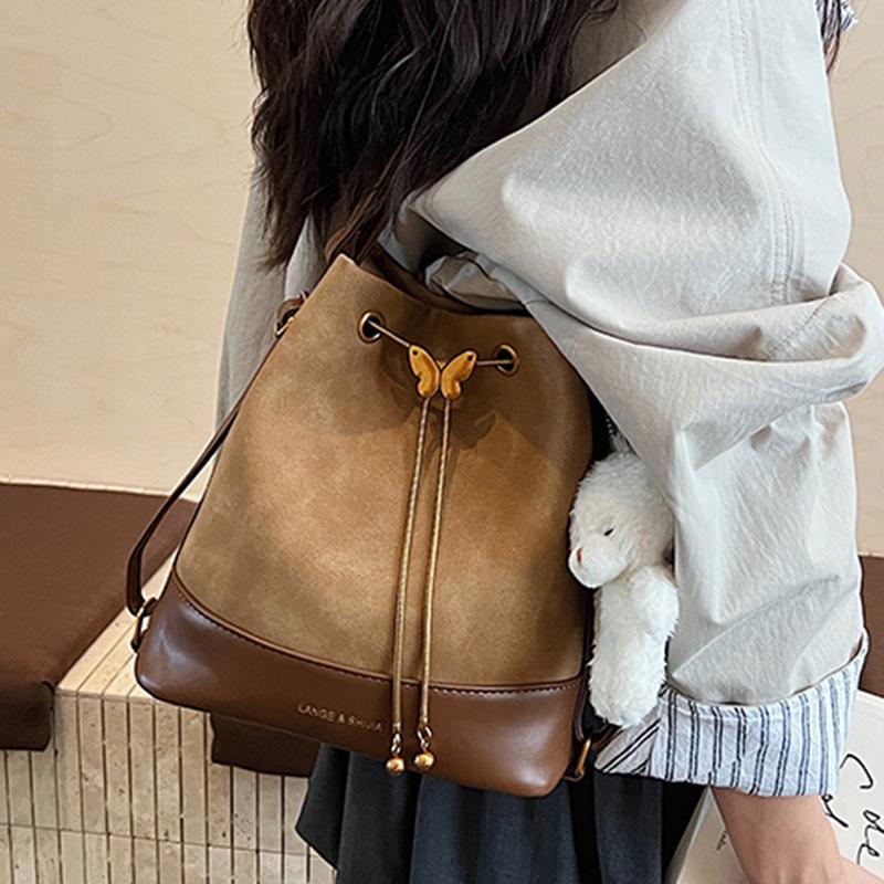Bucket bag One shoulder messenger bag Women's autumn new niche women's bag Drawstring dual-purpose small backpack