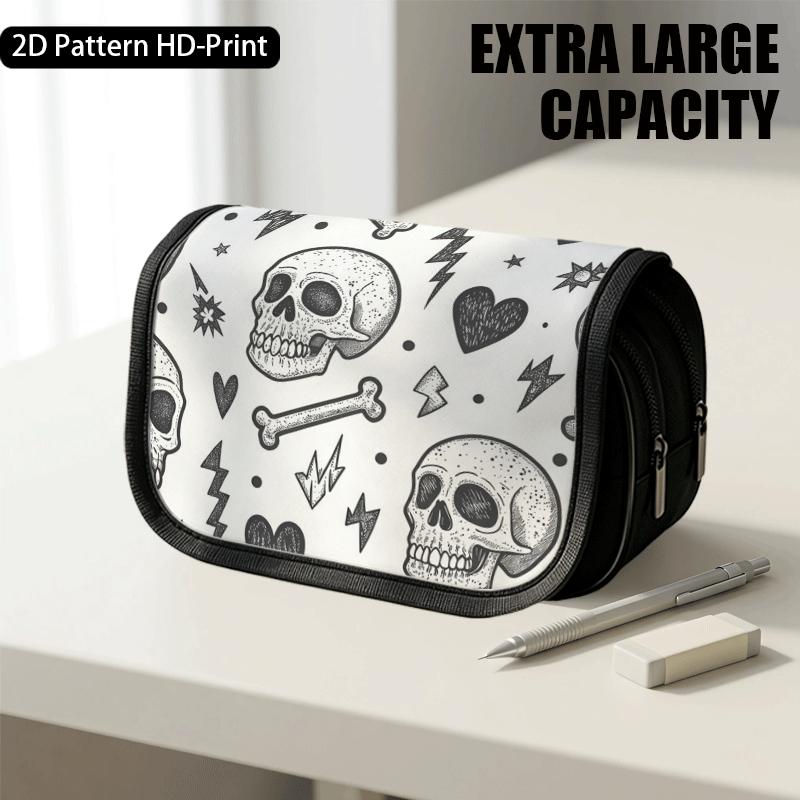 1pc Portable Flip-Top Halloween Themed Pencil Case with Double-Layer Zipper, Skull Heart Bone Black Design, Large Capacity Thickened Oxford Multifunct