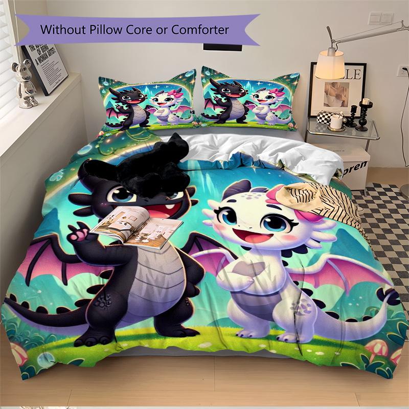 Fantasy Dragon Friends Print 3Pcs Bedding Setduvet Cover With 2 Bedropillowcase Home Birthday Gift
