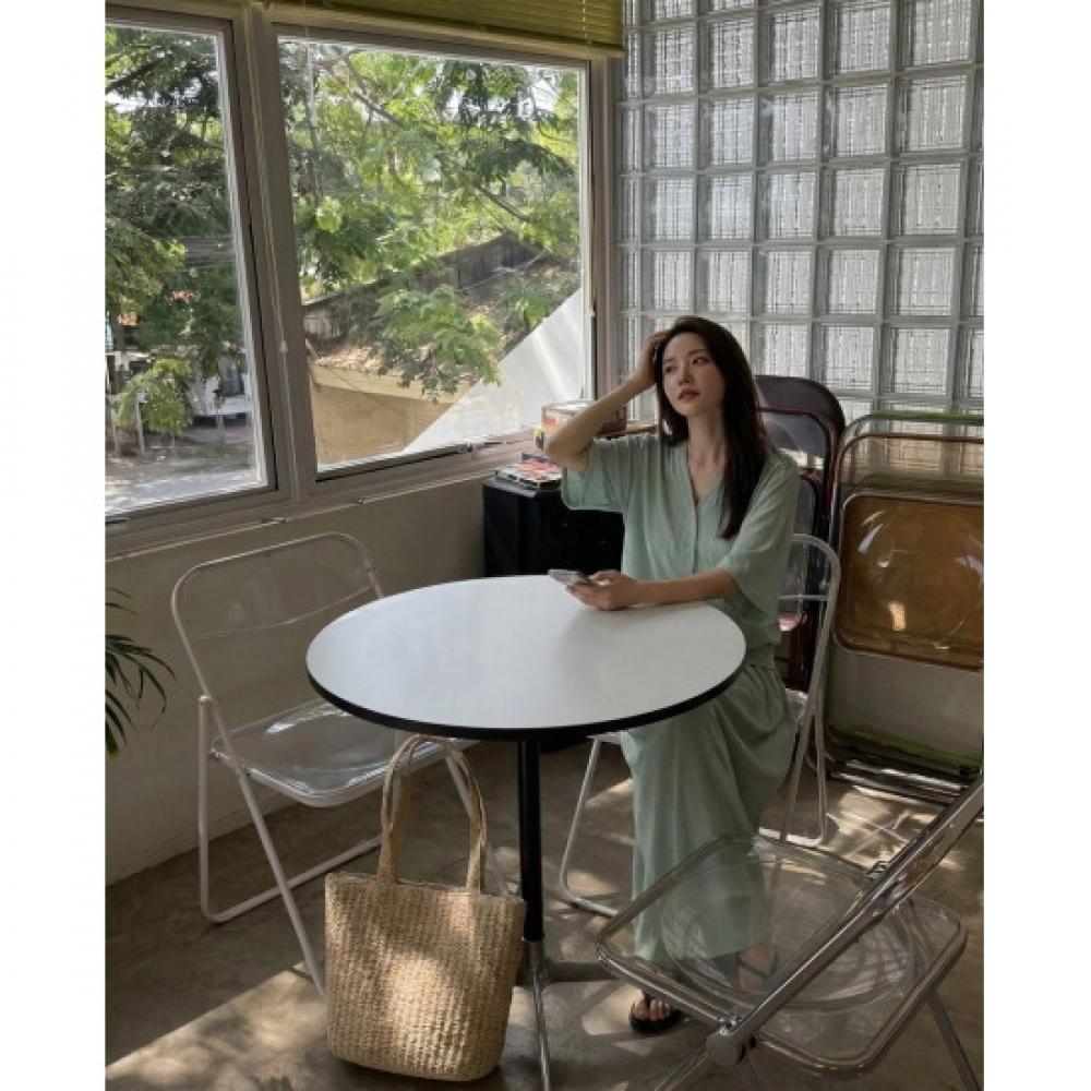 Mizqz Women Summer Wrinkle Free V Neck Cardigan Wide Pants Set