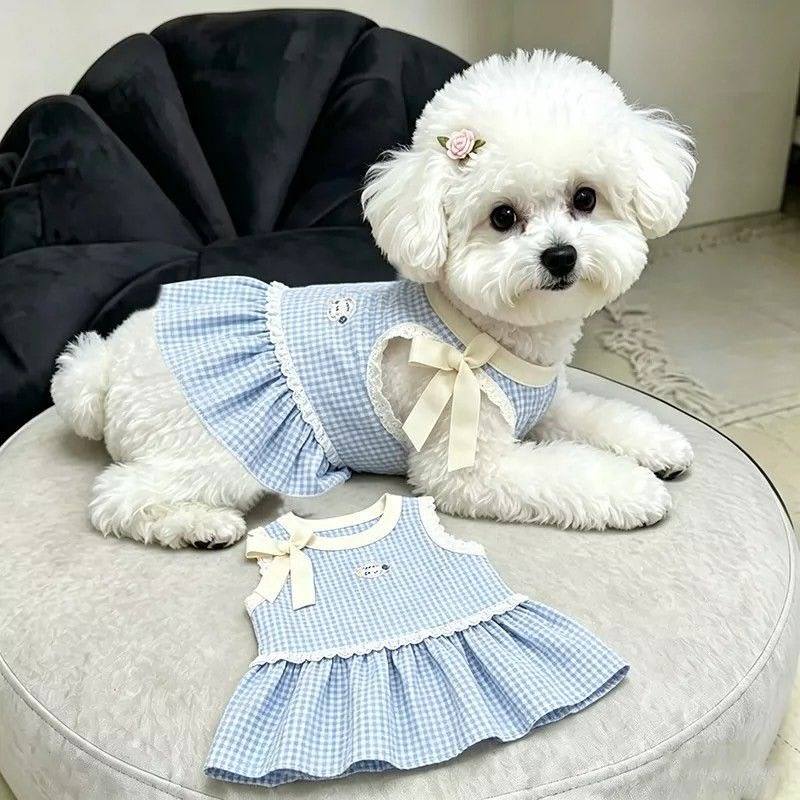 Cute Pet Products Checkered Bow Strappy Dog Dresses Pet Spring Lightweight Dog Cat Teddy Bear Summer Clothing Dogs Accessories